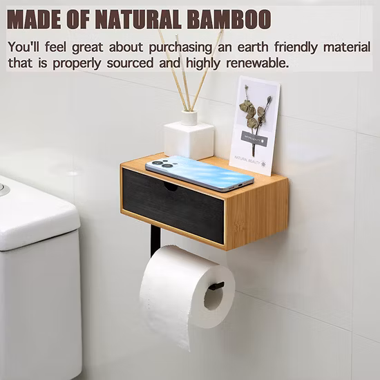 粘着式または穴あけ式竹製トイレット ティッシュ ペーパー ホルダー引き出し電話棚とウェット ワイプ ディスペンサー収納トイレット ペーパー ホルダー